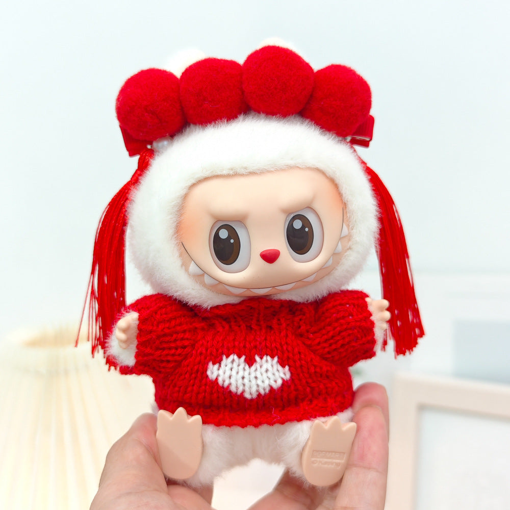 Labubu Doll New Year Red Sweater & Lucky Hat Outfit for 15-17cm Pendant Doll
