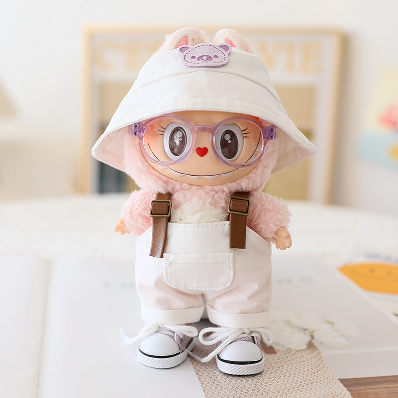 The first and second generation labubu sit party doll clothes the third generation cola vinyl blind box clothes fisherman hat suspenders pants suit