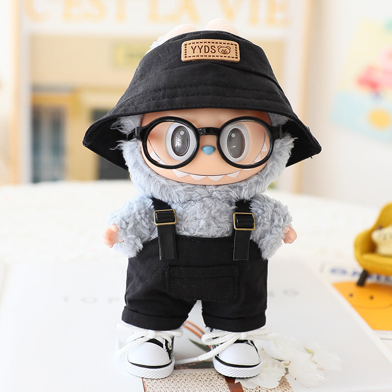 The first and second generation labubu sit party doll clothes the third generation cola vinyl blind box clothes fisherman hat suspenders pants suit