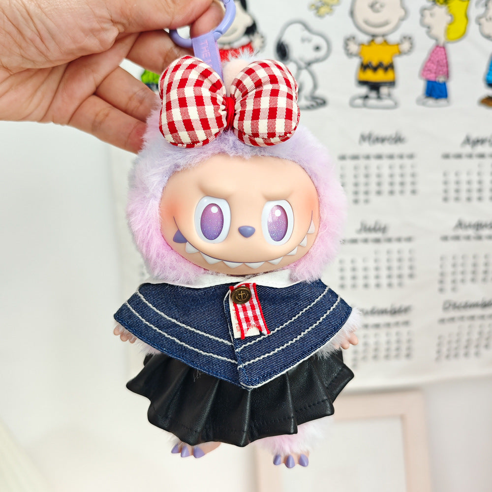Labubu Doll Denim Shawl & Black Leather Skirt Outfit for 1st-3rd Gen Pendants