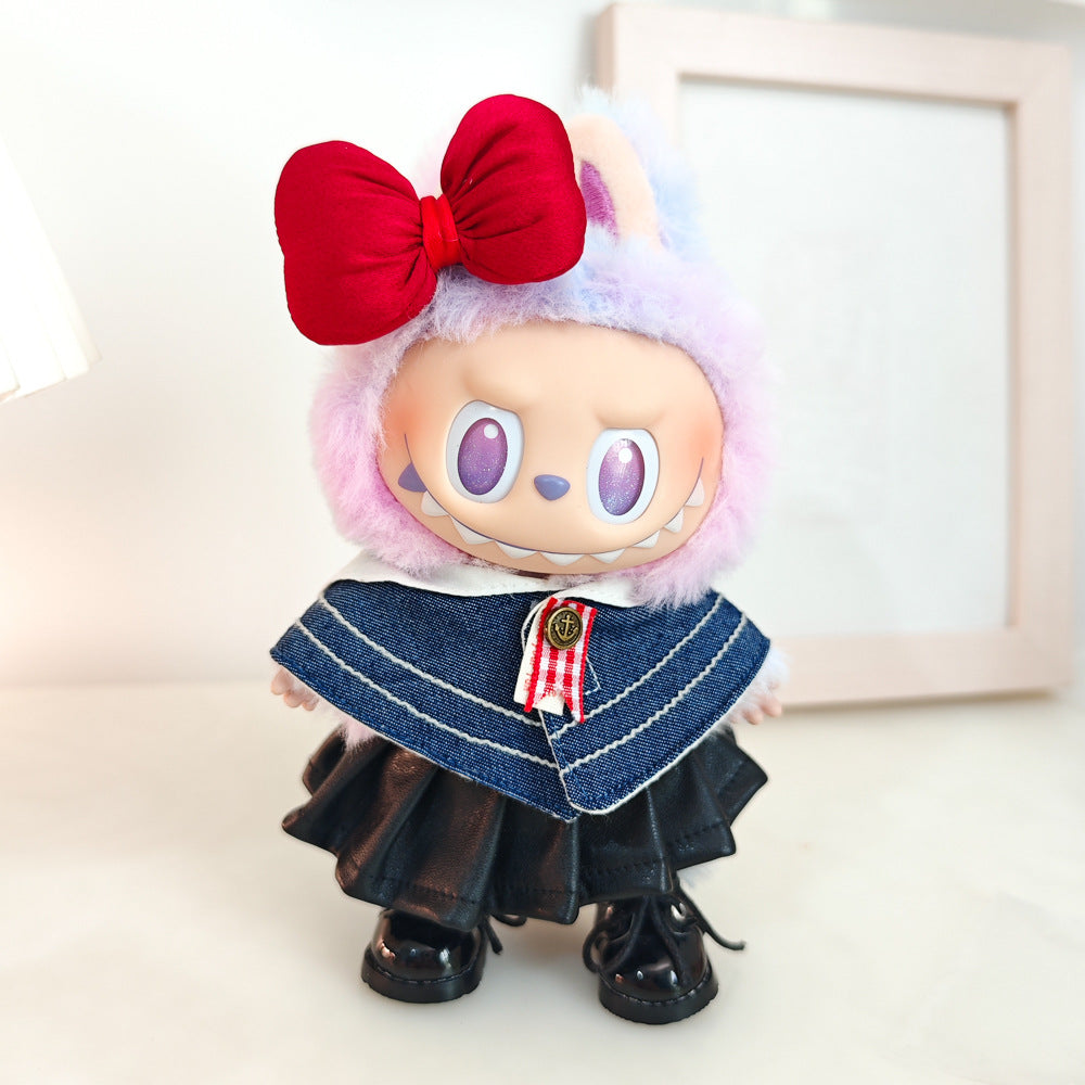 Labubu Doll Denim Shawl & Black Leather Skirt Outfit for 1st-3rd Gen Pendants