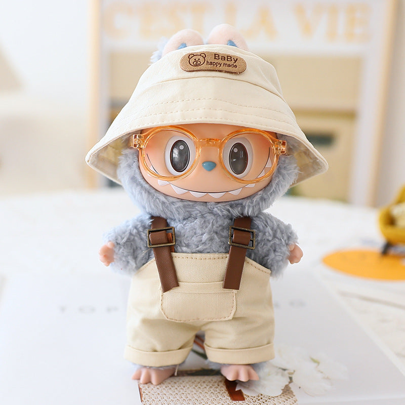 The first and second generation labubu sit party doll clothes the third generation cola vinyl blind box clothes fisherman hat suspenders pants suit