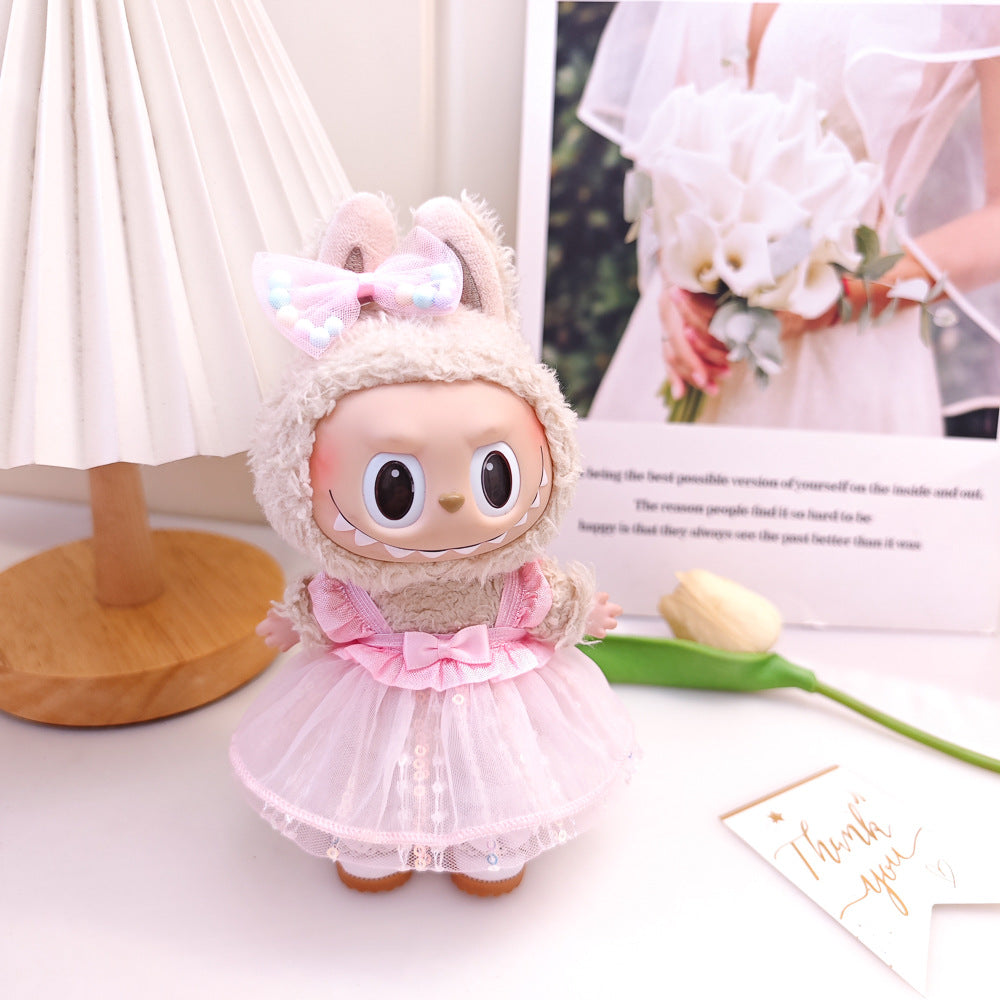 Labubu Doll Pink Gauze Skirt & Hair Accessories for 17cm Vinyl Doll