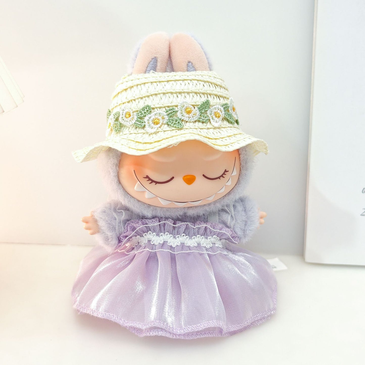 Labubu Doll Outfit - Pink, Purple, White Double Layer Gauze Skirt with Pearl Hair Accessories & Straw Hats