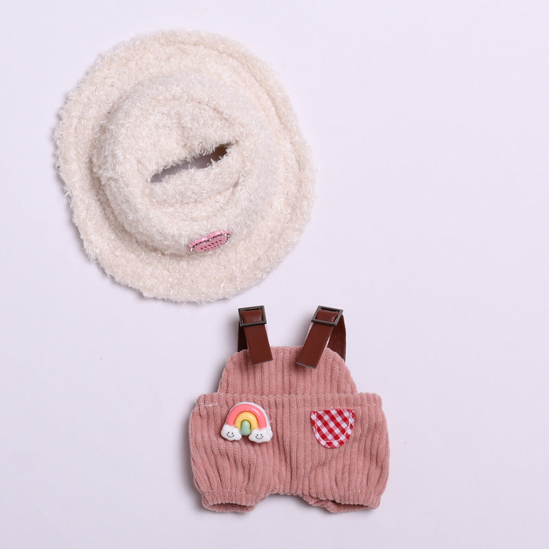 Labubu Doll Outfit - Pink Rainbow & Off-White Overalls with Hats & Shirts