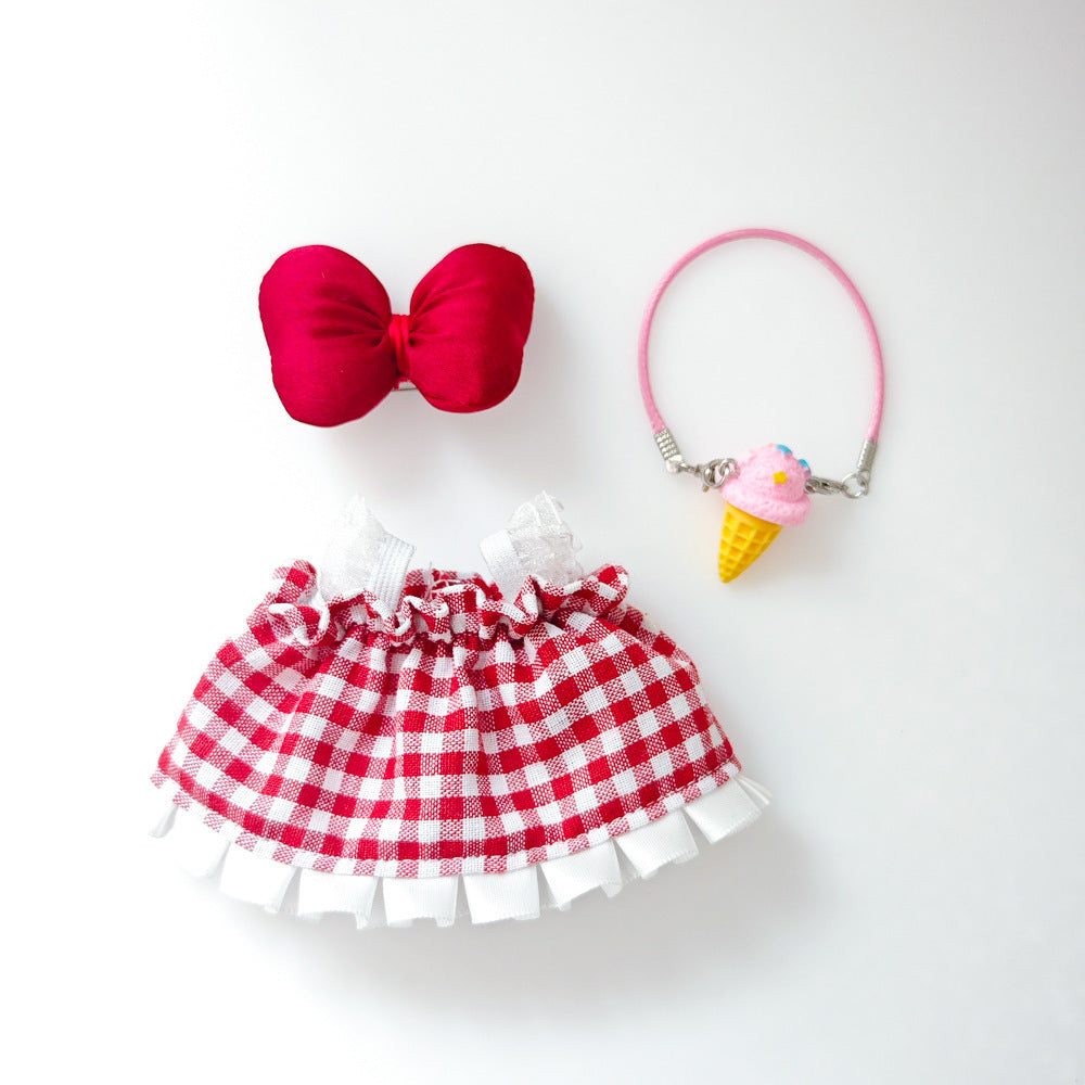 Labubu Doll Outfit - Red Plaid Skirt & Straw Hat for 17cm Vinyl Doll