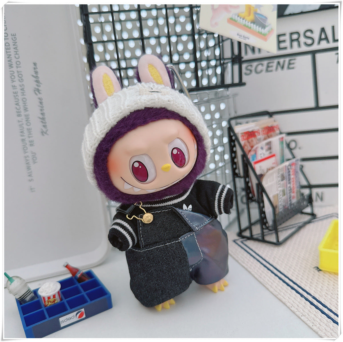 Labubu Doll Outfit - One Shoulder Cool Overalls & T-Shirt Set
