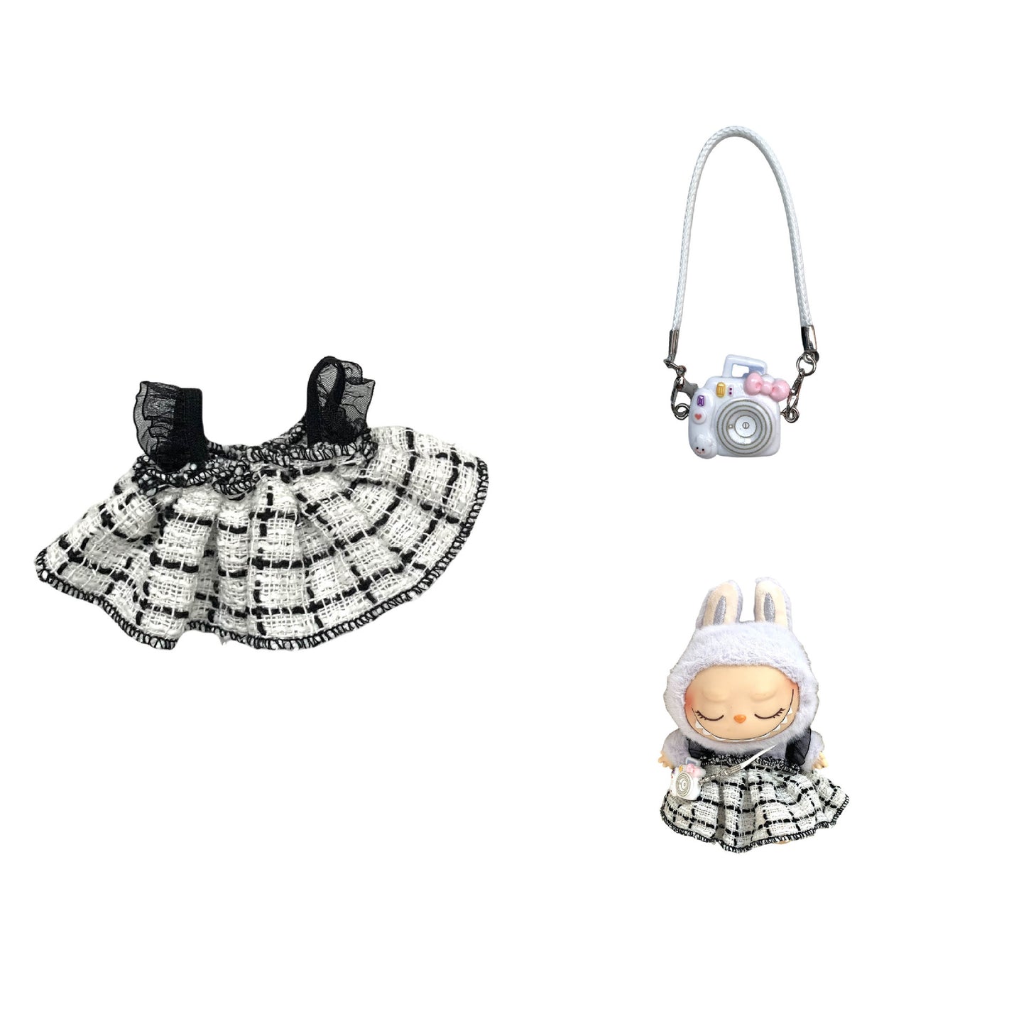 Labubu Doll Chanel Style Strap Dress Outfit for 15/17cm Dolls