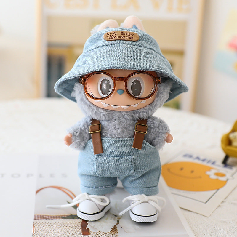 The first and second generation labubu sit party doll clothes the third generation cola vinyl blind box clothes fisherman hat suspenders pants suit