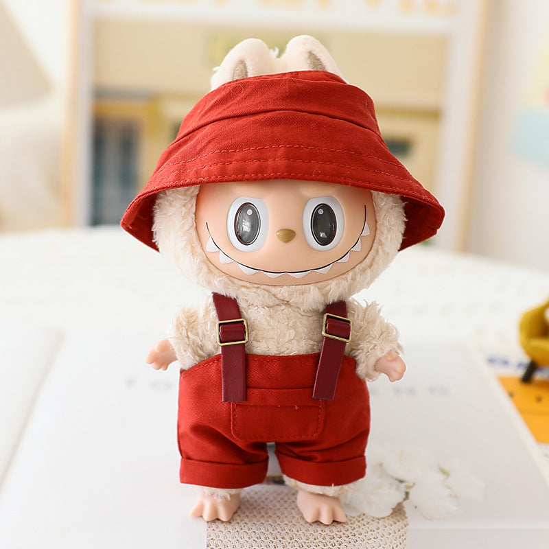 The first and second generation labubu sit party doll clothes the third generation cola vinyl blind box clothes fisherman hat suspenders pants suit