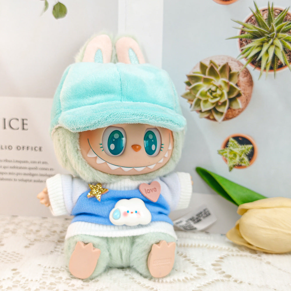 Labubu Doll Outfit - Bunny Pink & Cloud Blue Sweatshirt with Peaked Cap & Accessories