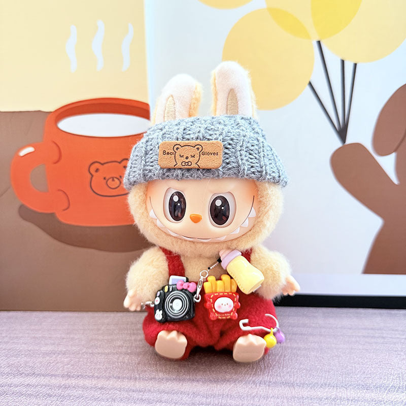 Labubu Doll Overalls Set with Baby Bottle & Hat - Cute Outfit for 1st & 2nd Gen