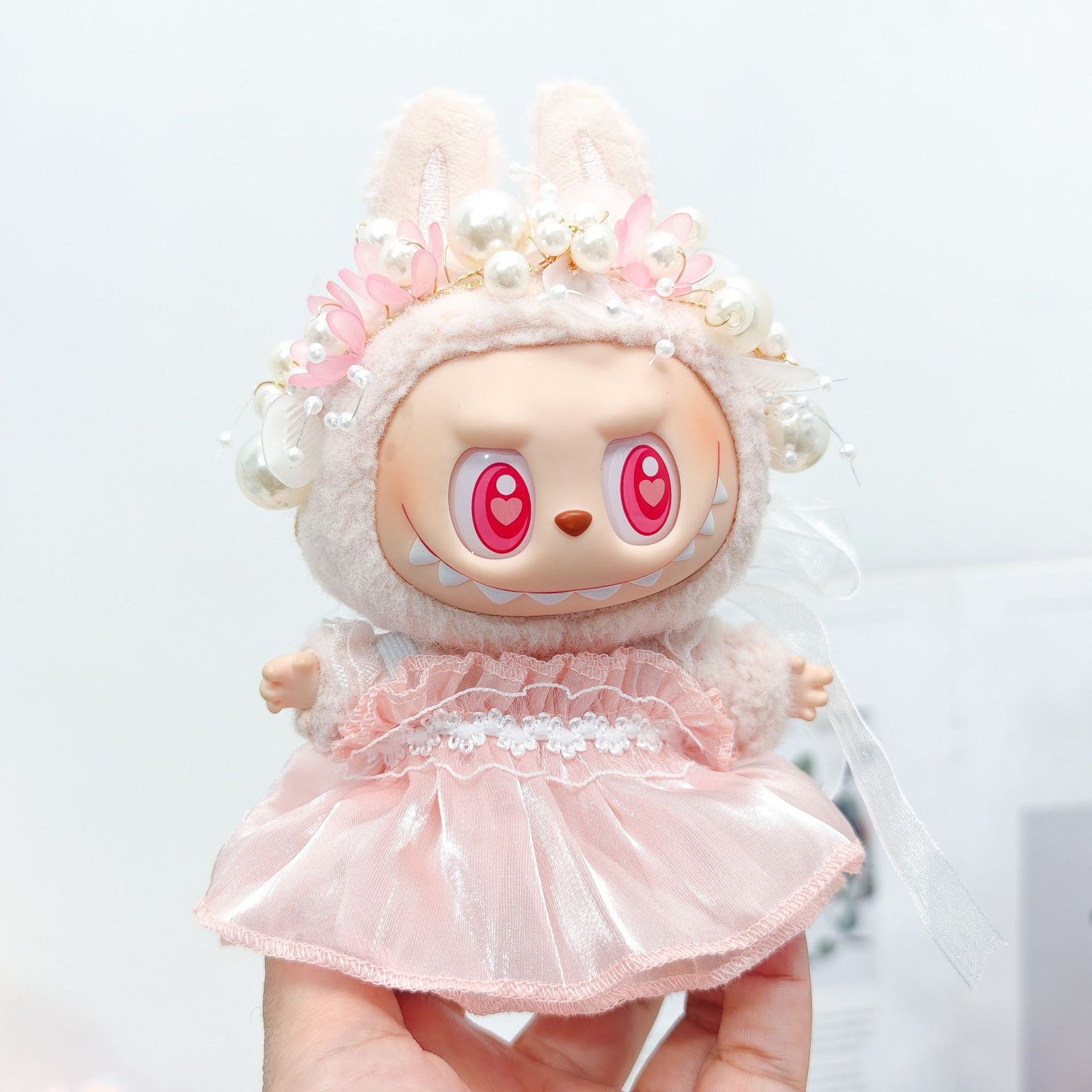 Labubu Doll Outfit - Pink, Purple, White Double Layer Gauze Skirt with Pearl Hair Accessories & Straw Hats