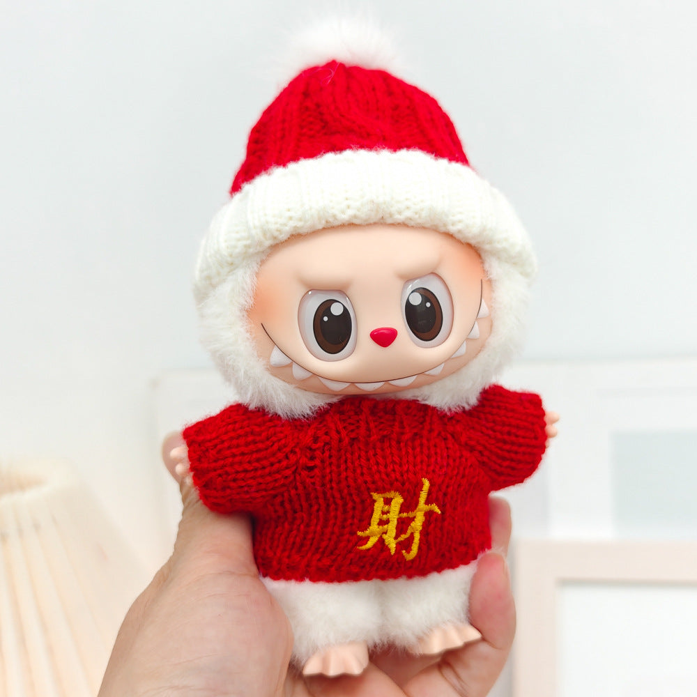 Labubu Doll New Year Red Sweater & Lucky Hat Outfit for 15-17cm Pendant Doll