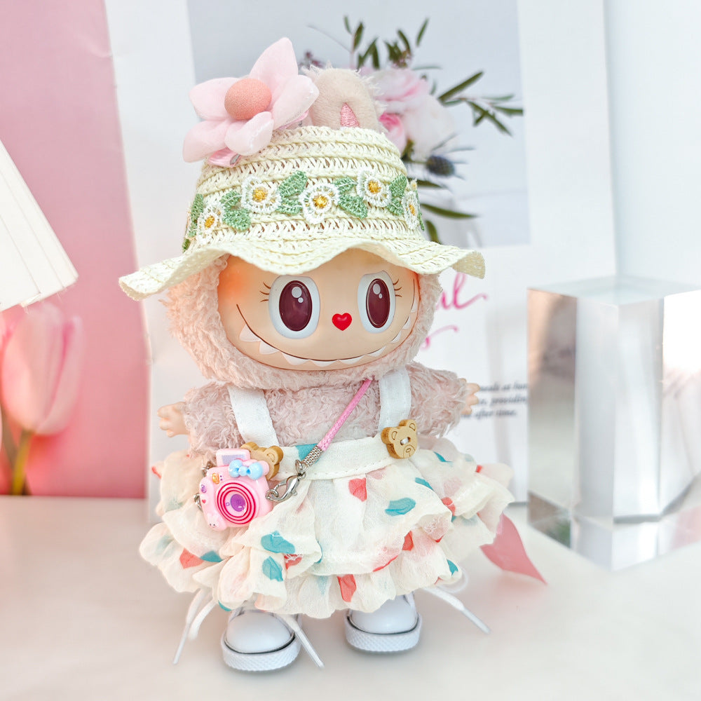 Labubu Doll Outfit Set - Love Skirt, Straw Hat & Camera for 15-17cm Doll