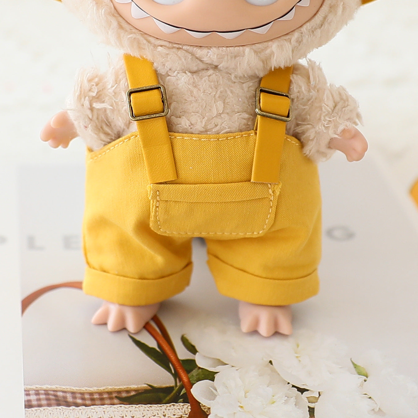 The first and second generation labubu sit party doll clothes the third generation cola vinyl blind box clothes fisherman hat suspenders pants suit