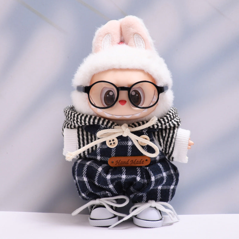 Labubu Doll Black Plaid Overalls & Hoodie Outfit for 1st & 2nd Gen Pendants