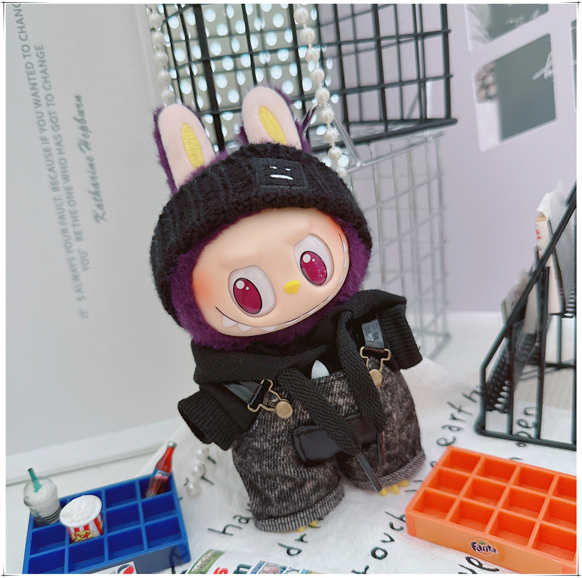 Labubu Doll Outfit - Stylish Denim Overalls & Checkered Bucket Hat for 17cm & 10cm Labubu