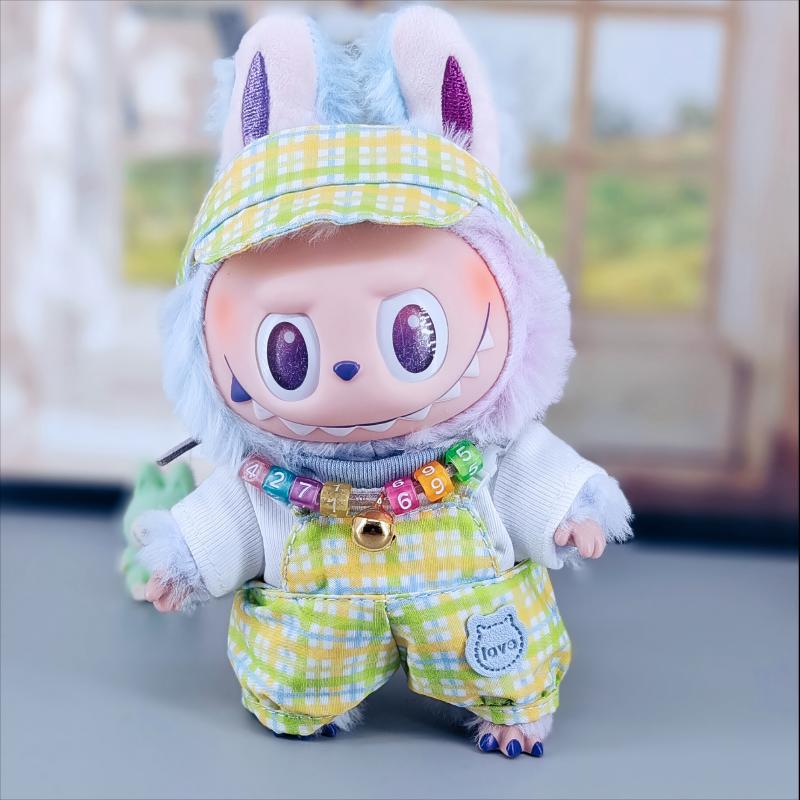 Labubu Doll Clothes - Plaid Overalls & Hat Set for 1st-3rd Gen Pendants