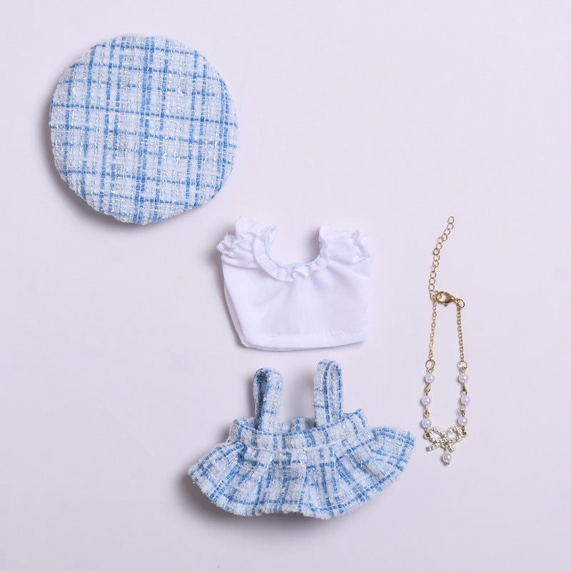 Labubu Doll Clothes - Blue & Pink Beret Tweed Style Suit for 17cm Vinyl Dolls