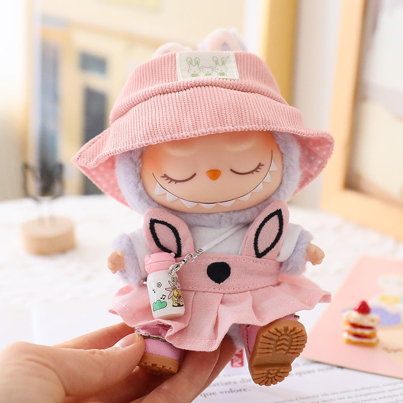 17cm Rab cloth doll first and second generation sitting party labubu doll blind box pendant military coat clothes shoes and hats