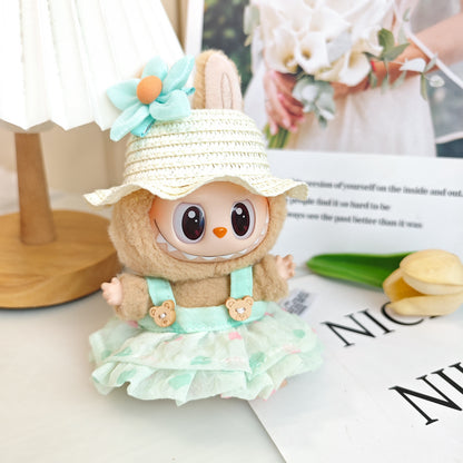 Labubu Doll Summer Outfit with Straw Hat & Accessories for 15cm Vinyl Doll