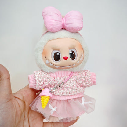 Labubu Doll Outfit Set - Knitted Sweater & Gauze Skirt with Bow Headband