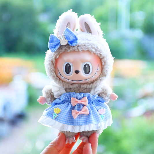 Only clothes] blind box 17cm pendant cloth cloth clothes blue plaid suspender skirt key chain labubu doll skirt