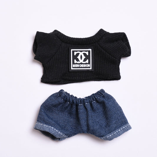 Labubu Doll Outfit - Black & White T-Shirt with Jeans & Denim Hat