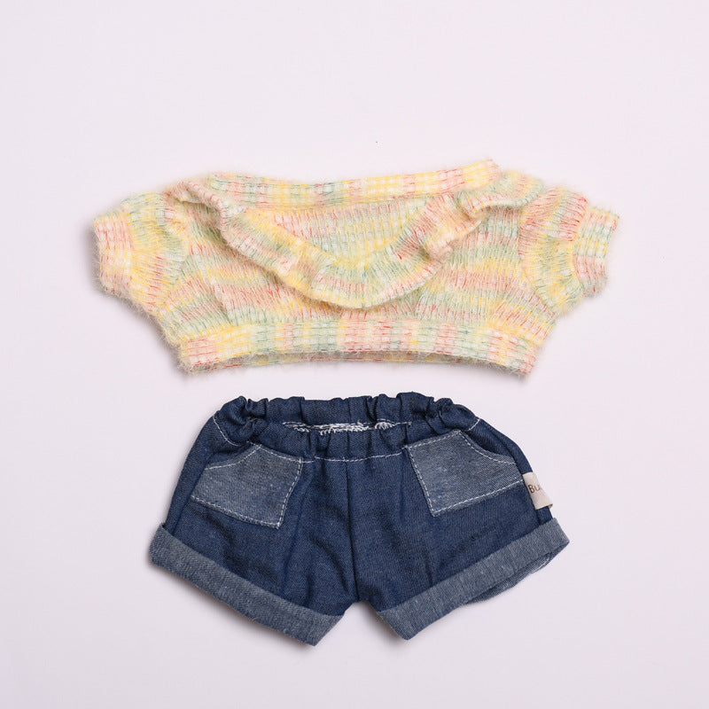 Labubu Doll Clothes - Pink & Yellow Sweater Jeans for 38cm Plush Dolls
