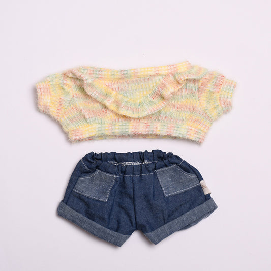 Labubu Doll Clothes - Pink & Yellow Sweater Jeans for 38cm Plush Dolls