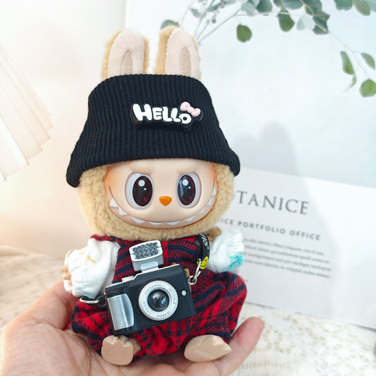 Labubu Doll Outfit - Red Plaid Overalls 3-Piece Set & Accessories