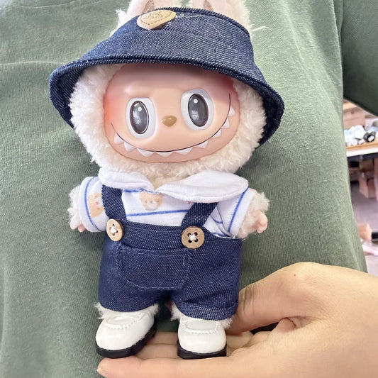 Labubu Doll Denim Suspender Suit with Bear Hat