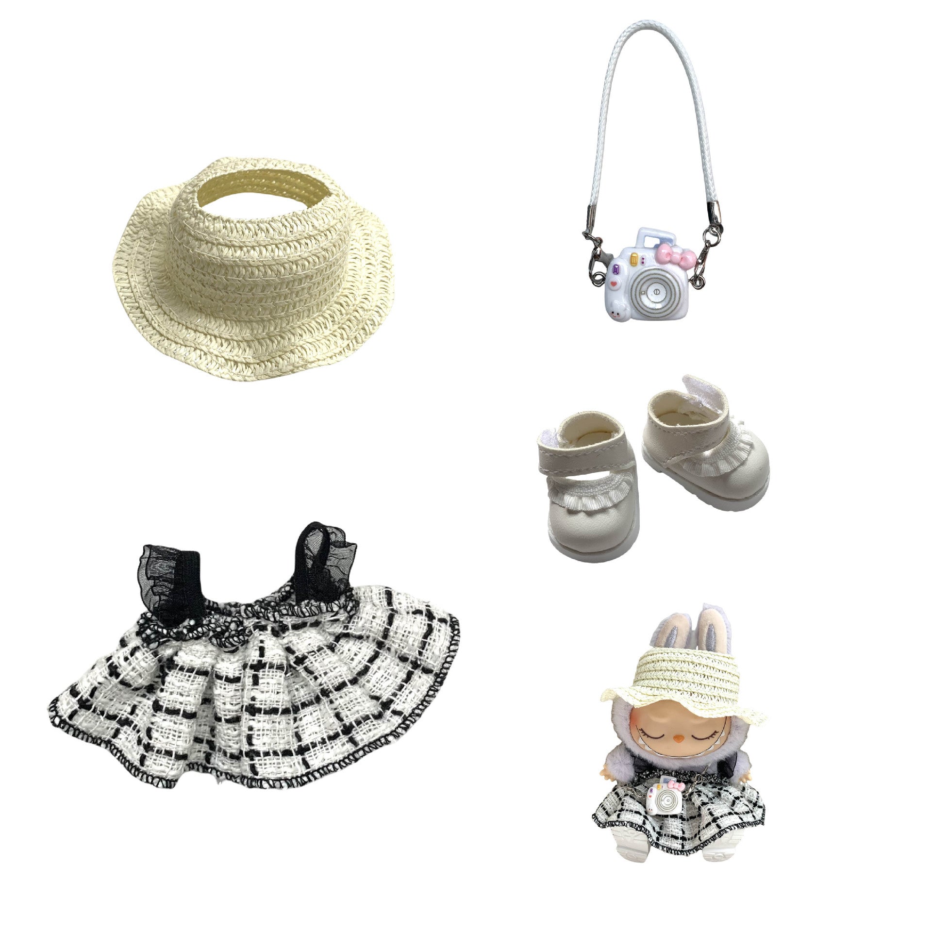 Labubu Doll Chanel Style Strap Dress Outfit for 15/17cm Dolls