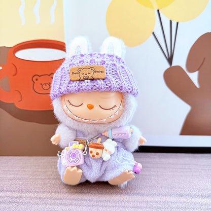 Labubu Doll Overalls Set with Baby Bottle & Hat - Cute Outfit for 1st & 2nd Gen