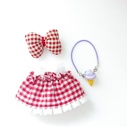 Labubu Doll Outfit - Red Plaid Skirt & Straw Hat for 17cm Vinyl Doll