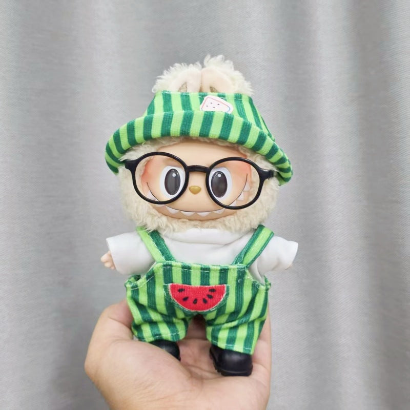 First, Second, and Third Generation Labubu Sitting Party Doll Clothes Cola Labubu Vinyl Clothes Fisherman Hat Overalls Set