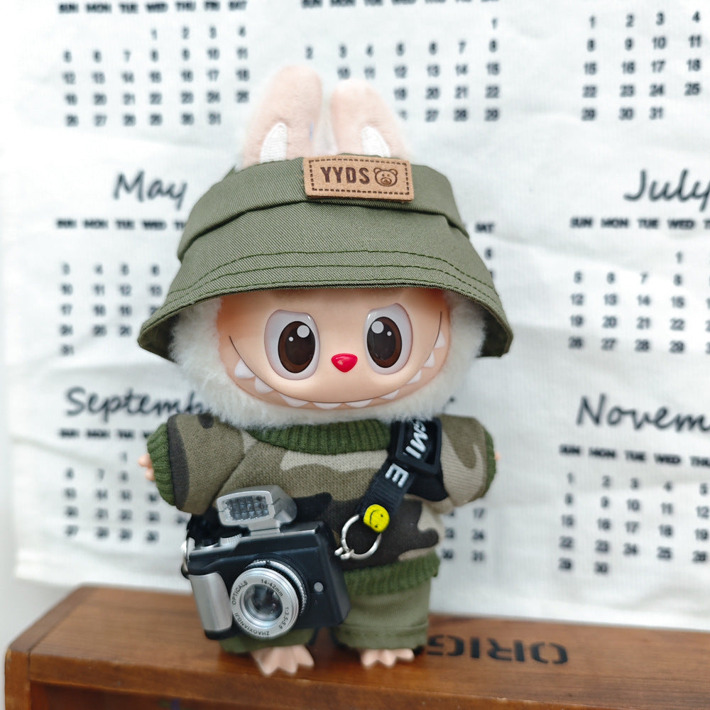 Labubu 17cm Doll Camouflage Outfit with Fisherman Hat & Accessories