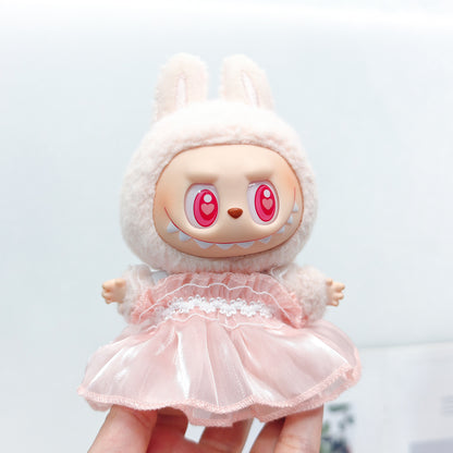 Labubu Doll Outfit - Pink, Purple, White Double Layer Gauze Skirt with Pearl Hair Accessories & Straw Hats