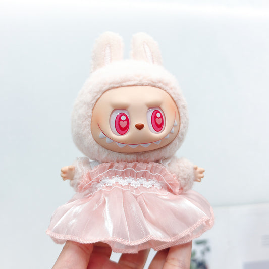 Labubu Doll Outfit - Pink, Purple, White Double Layer Gauze Skirt with Pearl Hair Accessories & Straw Hats