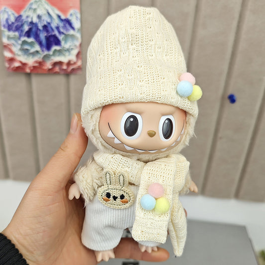 Labubu Winter Hat Scarf & Overalls Outfit for 17cm Dolls