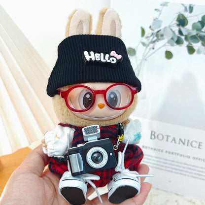 Labubu Doll Outfit - Red Plaid Overalls 3-Piece Set & Accessories