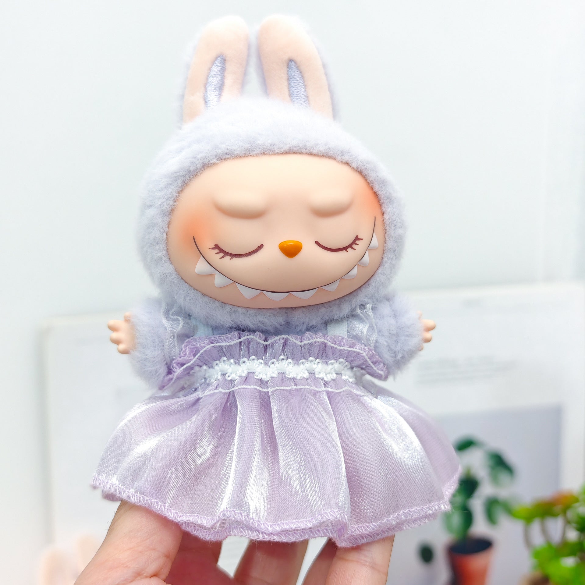 Labubu Doll Outfit - Pink, Purple, White Double Layer Gauze Skirt with Pearl Hair Accessories & Straw Hats