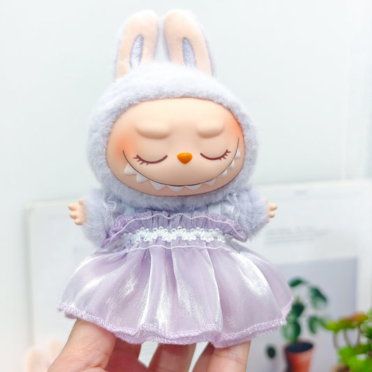 Labubu Doll Outfit - Pink, Purple, White Double Layer Gauze Skirt with Pearl Hair Accessories & Straw Hats