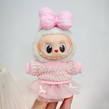 Labubu Doll Outfit Set - Knitted Sweater & Gauze Skirt with Bow Headband
