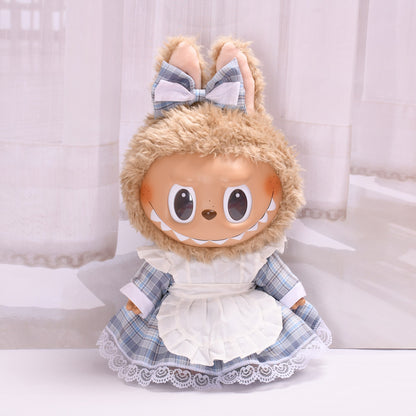 Labubu Doll Pastoral Maid Plaid Dress Apron Outfit for 38cm Pull Cloth