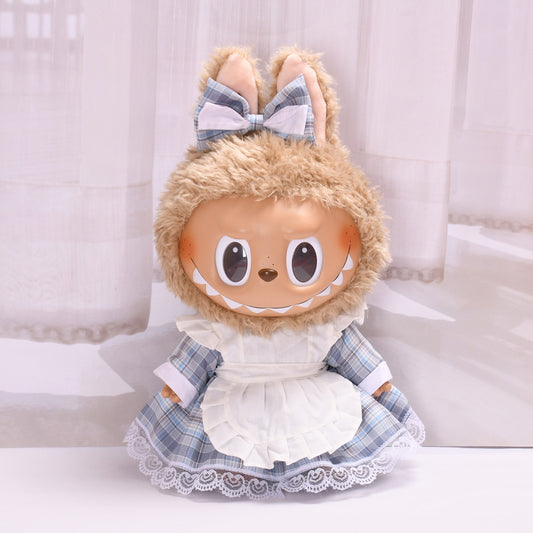 Labubu Doll Pastoral Maid Plaid Dress Apron Outfit for 38cm Pull Cloth