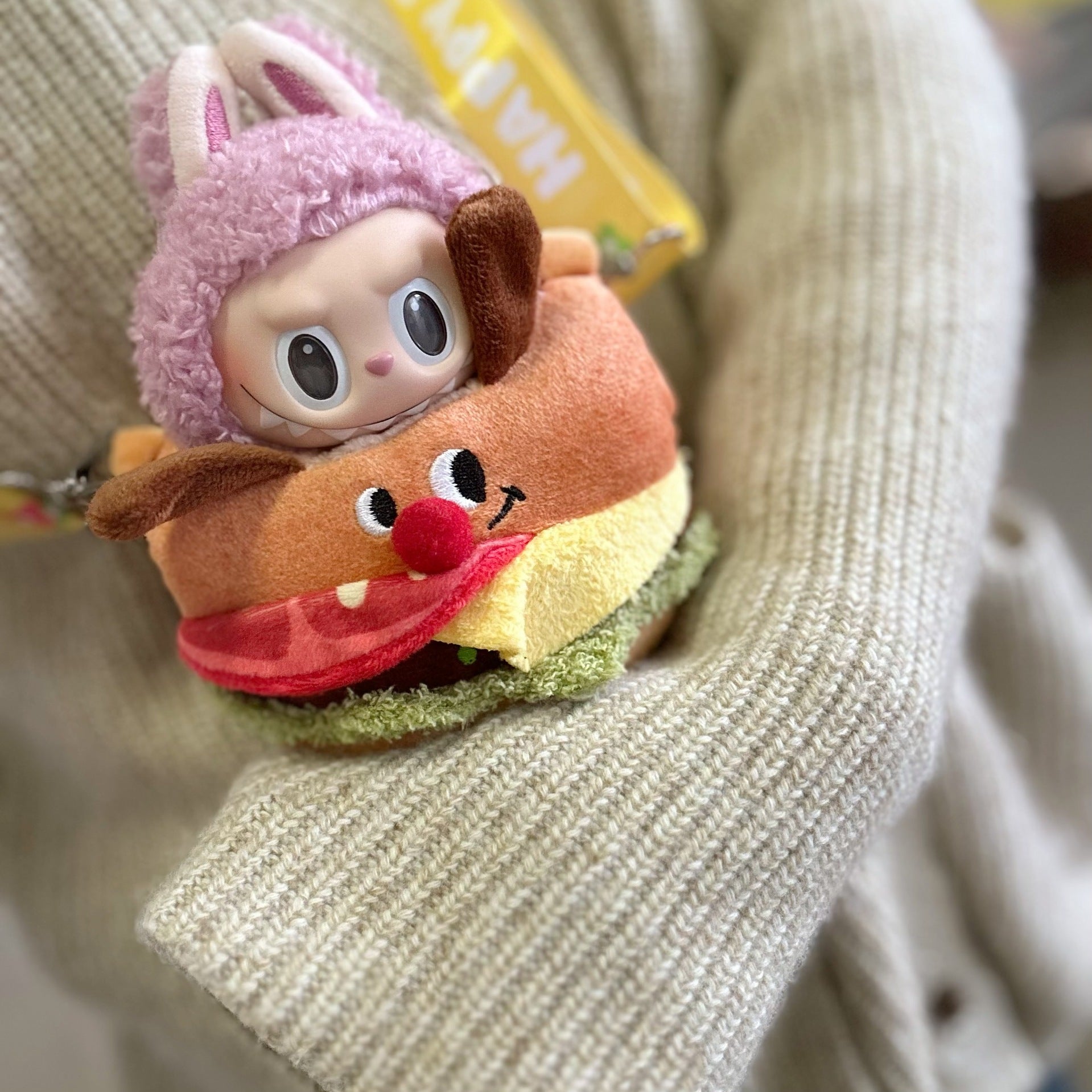 Only clothes] 17CM Rab cloth headgear key chain LABUBU outside with French fries potato chips bread baby hat