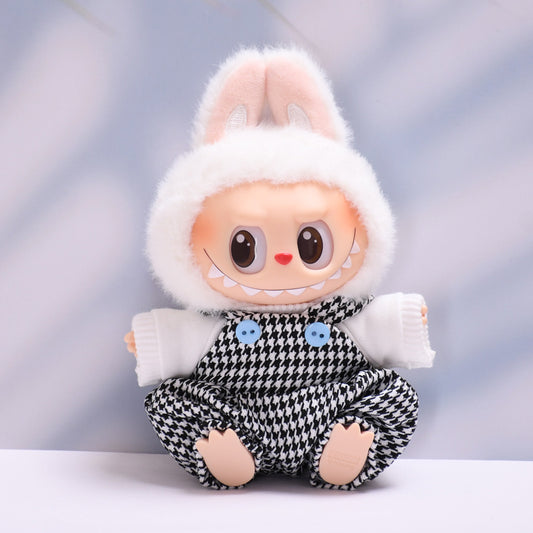 Labubu Doll Houndstooth Overalls Outfit - Black & White Baby Clothes Style
