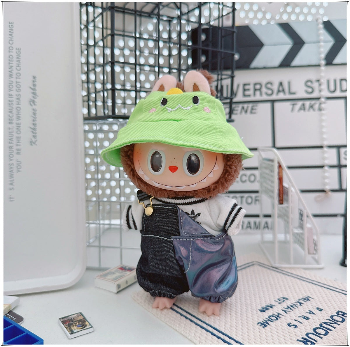 Labubu Doll Outfit - One Shoulder Cool Overalls & T-Shirt Set